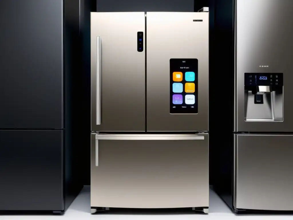 Un refrigerador moderno con pantalla táctil, apps para gestionar alimentos y ambiente minimalista