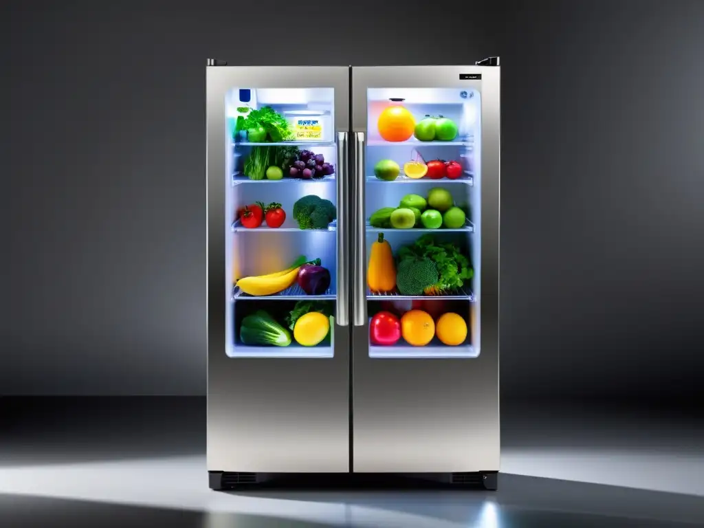 Un refrigerador moderno con puerta de vidrio, exhibiendo frutas y verduras coloridas en estantes organizados, iluminados por LED