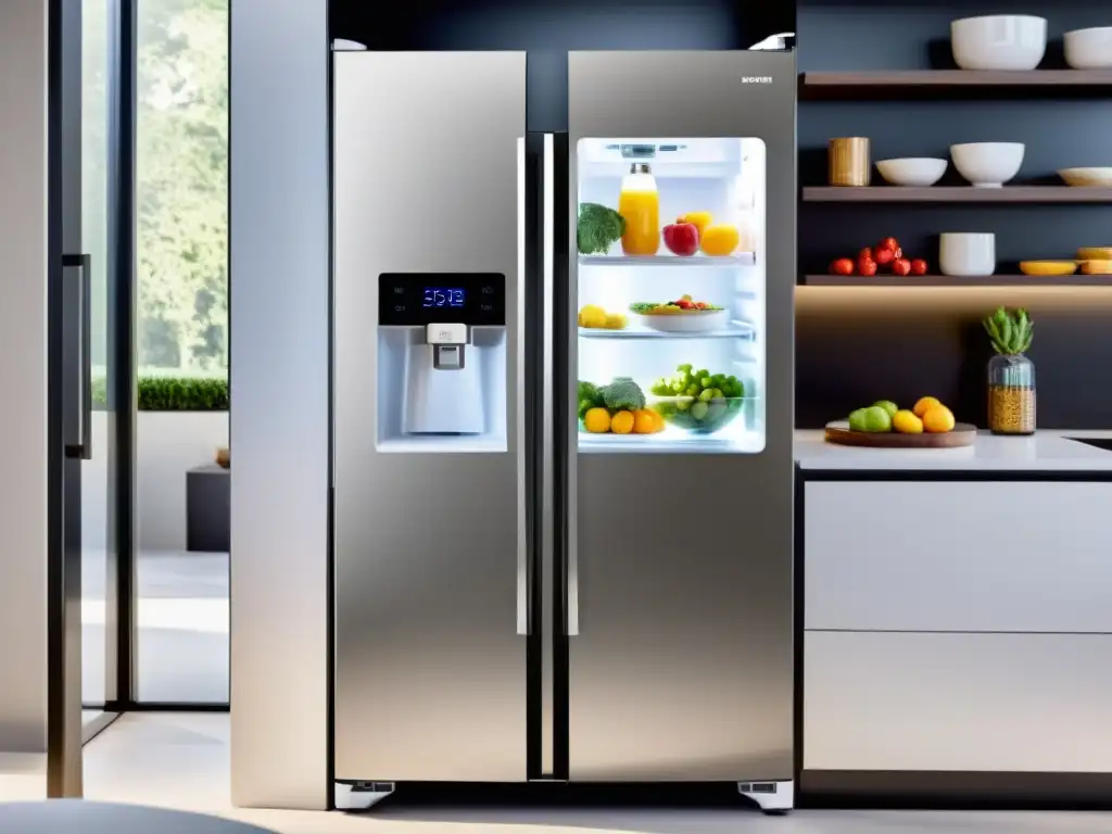 Un refrigerador smart y moderno con puerta de vidrio transparente muestra alimentos organizados y luces LED