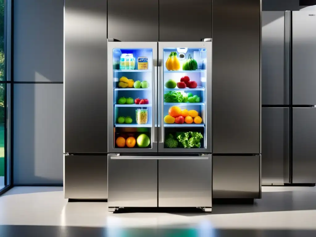 Refrigerador moderno con puertas de vidrio transparente y estantes organizados con frutas, verduras y lácteos