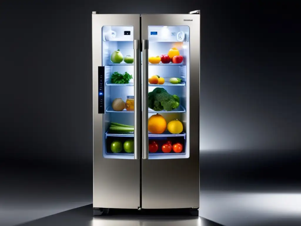 Refrigerador moderno con tecnología de ionización, frutas frescas, verduras y lácteos organizados en estantes