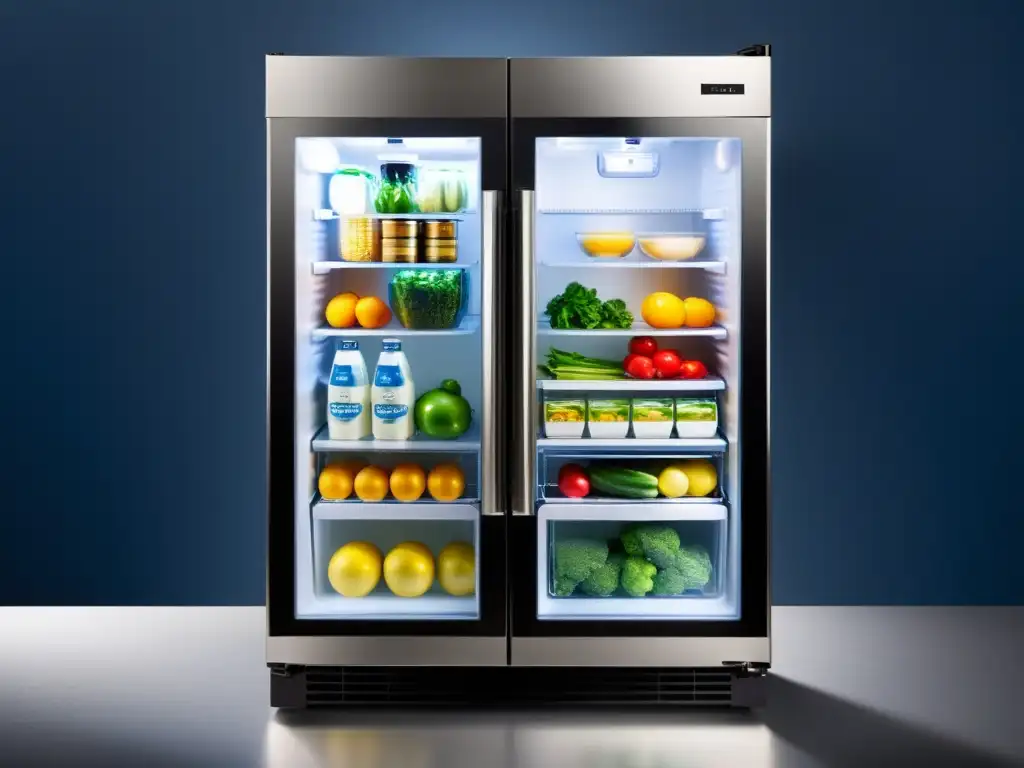 Refrigerador moderno con tecnología de ionización en refrigeración, iluminado con luz suave y con estantes organizados de productos frescos y lácteos