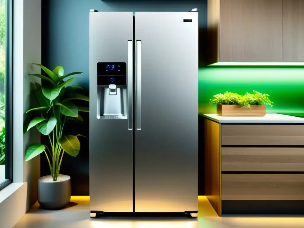 Refrigerador moderno con tecnologías de ahorro de agua, rodeado de plantas verdes, brinda frescura y eficiencia ecoamigable