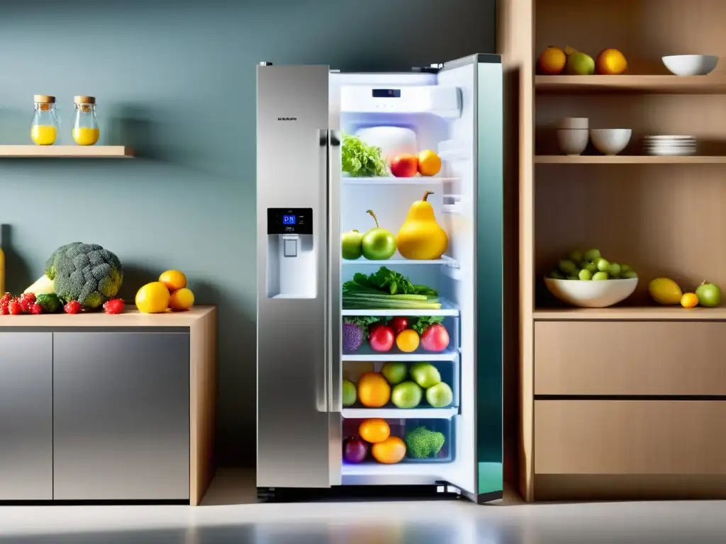 Refrigerador moderno con tecnologías de refrigeración para alimentos frescos, exhibiendo productos frescos y una elegante cocina luminosa