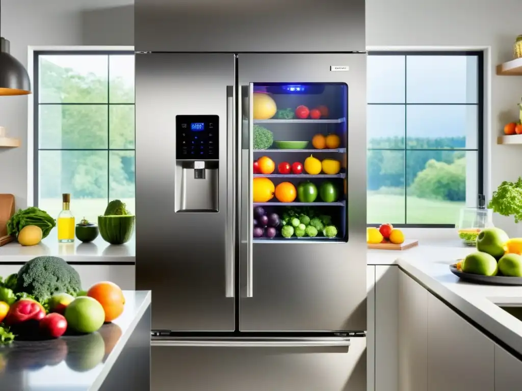 Refrigerador moderno con tecnologías de refrigeración, mostrando alimentos frescos y organizados en contenedores atractivos