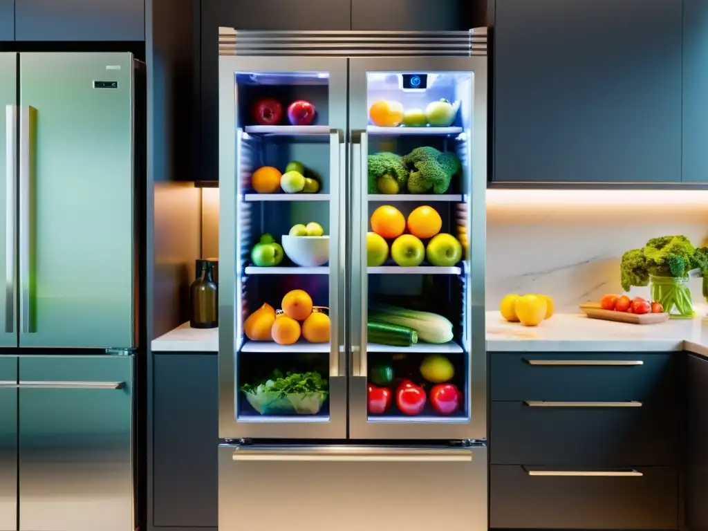 Refrigerador moderno con tecnologías de refrigeración, alimentos frescos y diseño minimalista en una cocina elegante