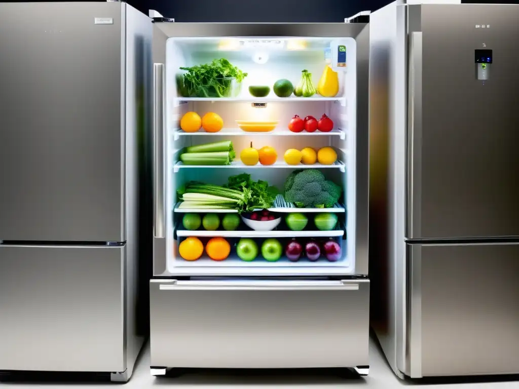 Refrigerador moderno con tecnologías de refrigeración de alimentos frescos, iluminado con LED y productos frescos organizados