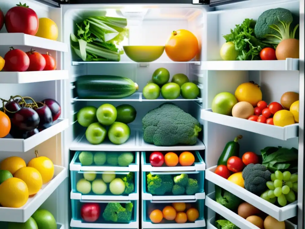 Un refrigerador organizado y moderno con frutas frescas, vegetales y alimentos bien etiquetados