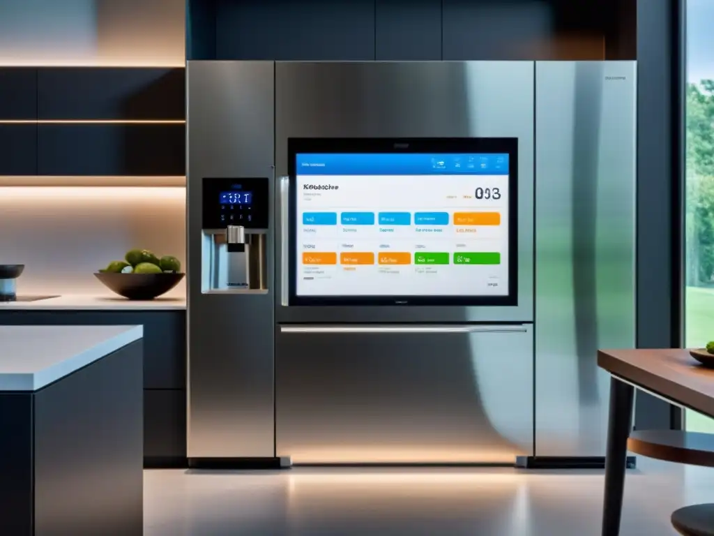 Refrigerador con pantalla inteligente en una cocina moderna y elegante con iluminación inteligente integrada