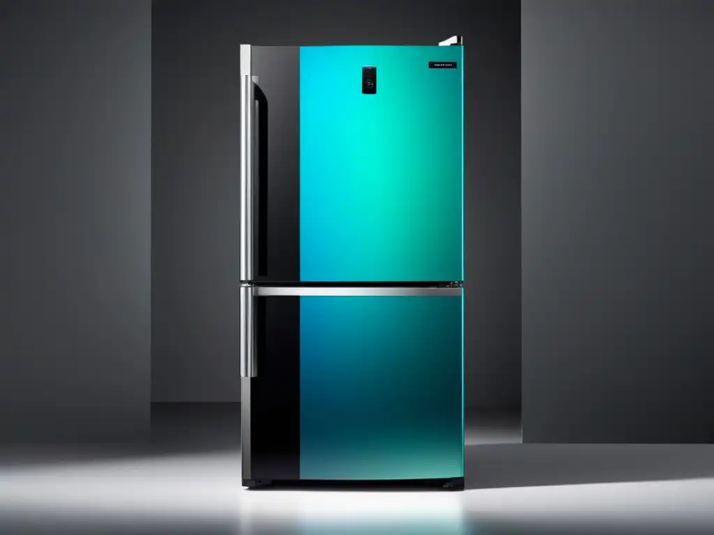 Refrigerador con pantalla inteligente de diseño futurista y funcionalidades interactivas, iluminado con colores vibrantes en una cocina moderna