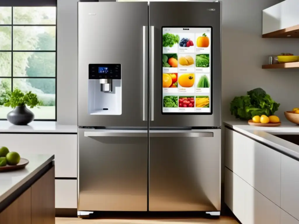 Un refrigerador con pantalla táctil integrada en una cocina moderna y minimalista