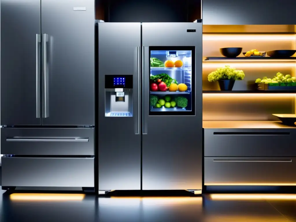 Refrigerador plateado en cocina futurista con diseño minimalista y electrodomésticos de diseño futurista