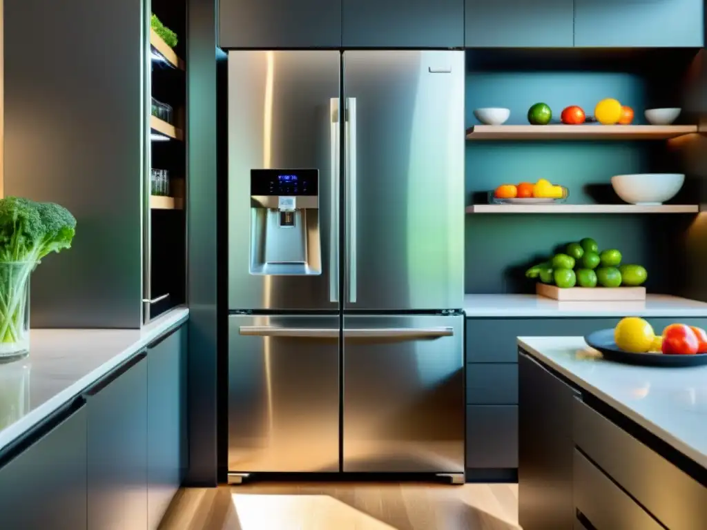 Un refrigerador reluciente en una cocina impecable, con frutas frescas y una iluminación cálida