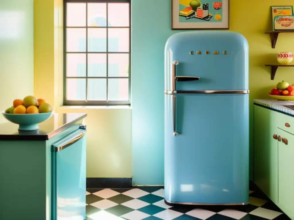 Refrigerador retro azul pastel en cocina vintage con imanes y fruta