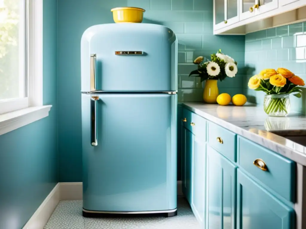 Un refrigerador retro de color azul pastel con detalles cromados en una cocina luminosa y moderna