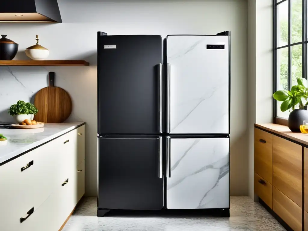 Un refrigerador retro moderno en una elegante cocina contemporánea con encimeras de mármol y luces colgantes industriales