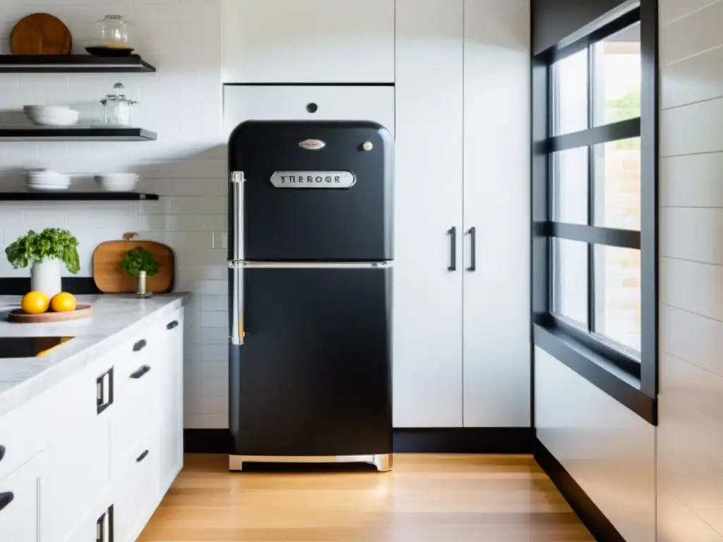 Un refrigerador retro negro mate con elegantes detalles cromados, en una cocina minimalista con electrodomésticos modernos