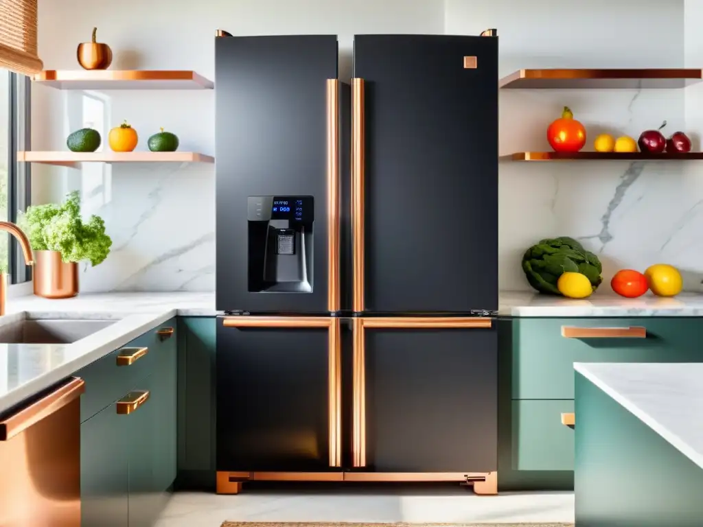 Un refrigerador retro en negro mate con toques cromados, en una cocina luminosa con encimeras de mármol y acabados en cobre