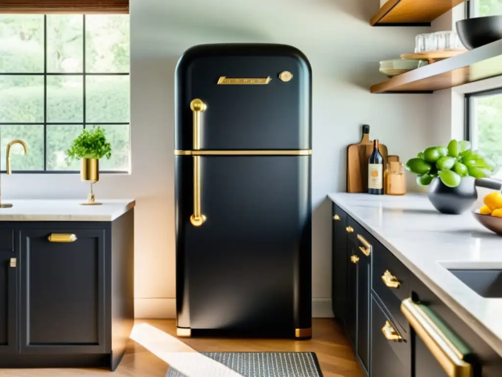 Un refrigerador retro negro mate con detalles cromados en una cocina elegante y luminosa