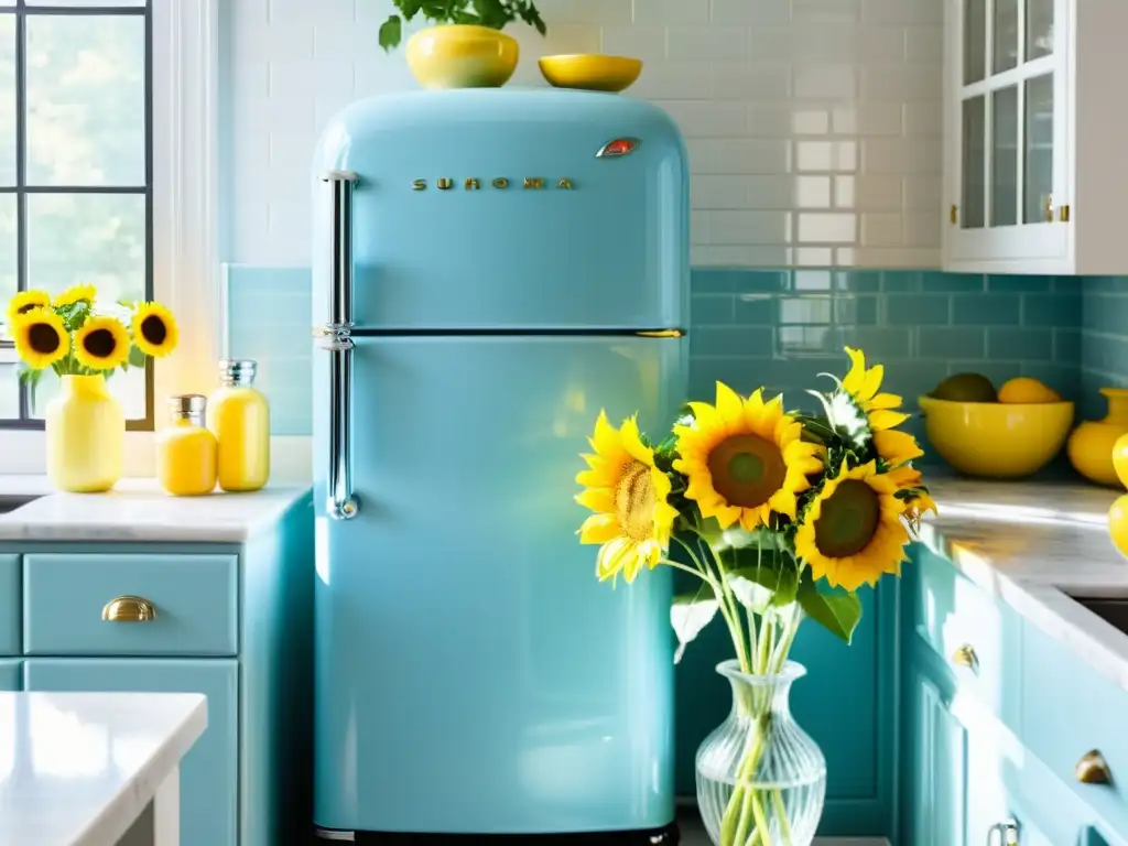 Un refrigerador retro restaurado en azul pastel, iluminado por el sol en una cocina moderna con azulejos blancos y encimera de mármol