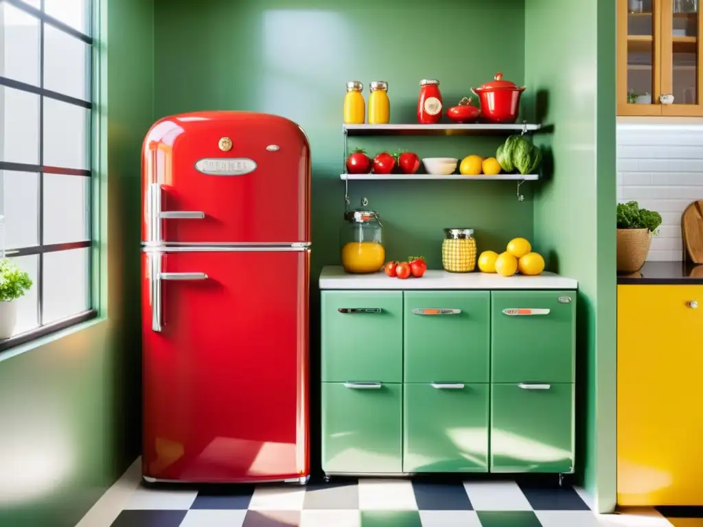 Un refrigerador retro rojo vibrante en una cocina soleada, con un ambiente acogedor y atemporal