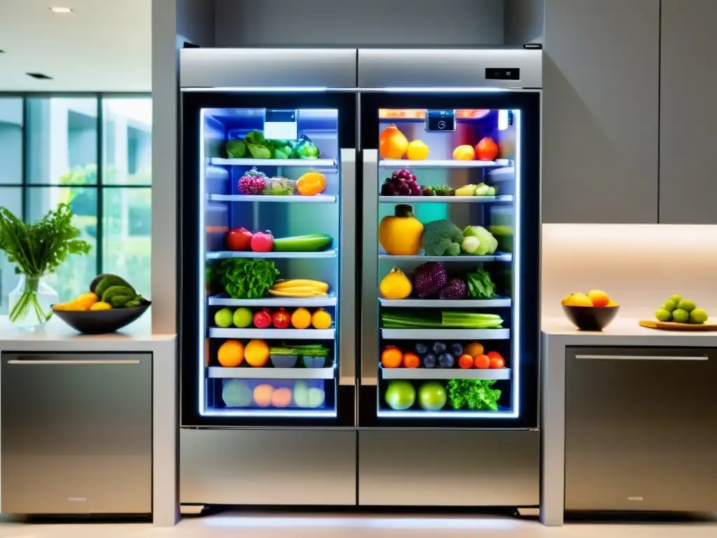 Refrigerador con tecnologías de refrigeración eficiente, frutas y verduras ordenadas en un ambiente moderno y luminoso