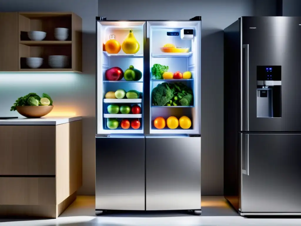 Refrigerador de última generación con tecnologías de refrigeración eficiente, exhibiendo alimentos frescos en un ambiente moderno y sofisticado