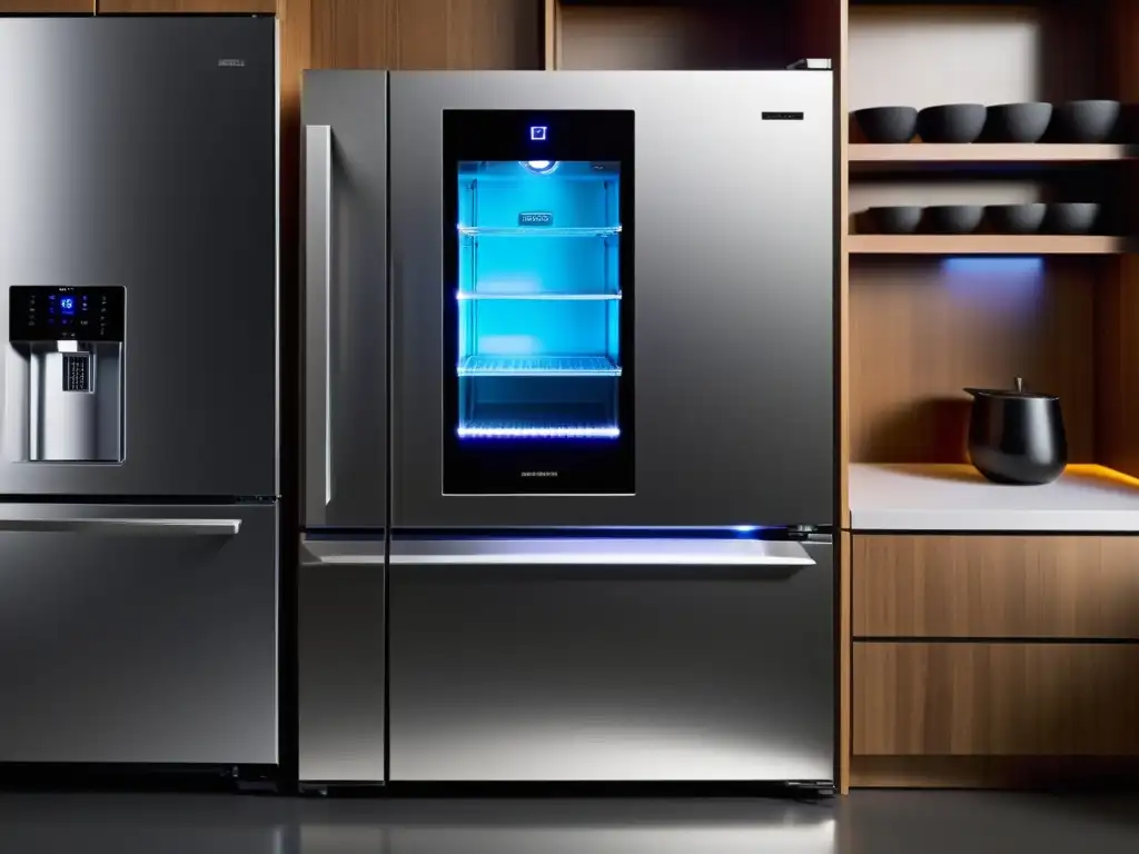 Un refrigerador ultramoderno con pantalla táctil, luces LED iluminadas y acabado de acero inoxidable en una cocina minimalista