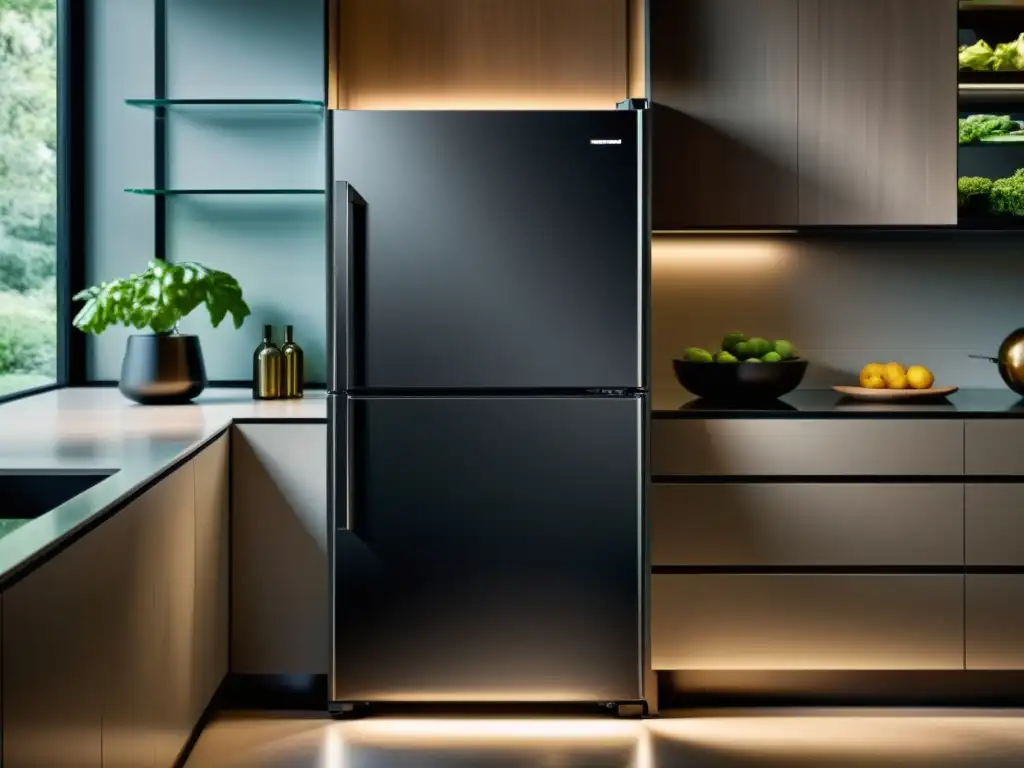 Refrigerador de vidrio elegante con iluminación LED, en una cocina contemporánea bien iluminada