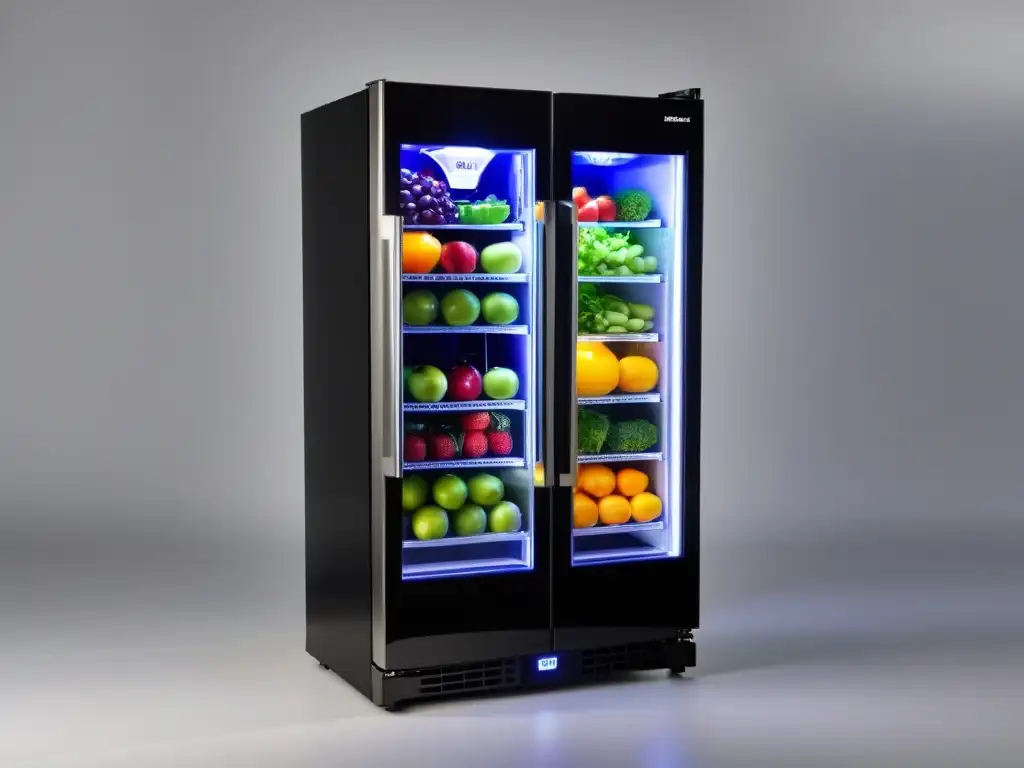 Un refrigerador de vidrio moderno y elegante exhibiendo frutas, verduras y bebidas