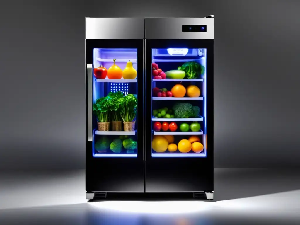 Un refrigerador de vidrio moderno y elegante con pantalla táctil y luces LED personalizables, mostrando su diseño multifuncional