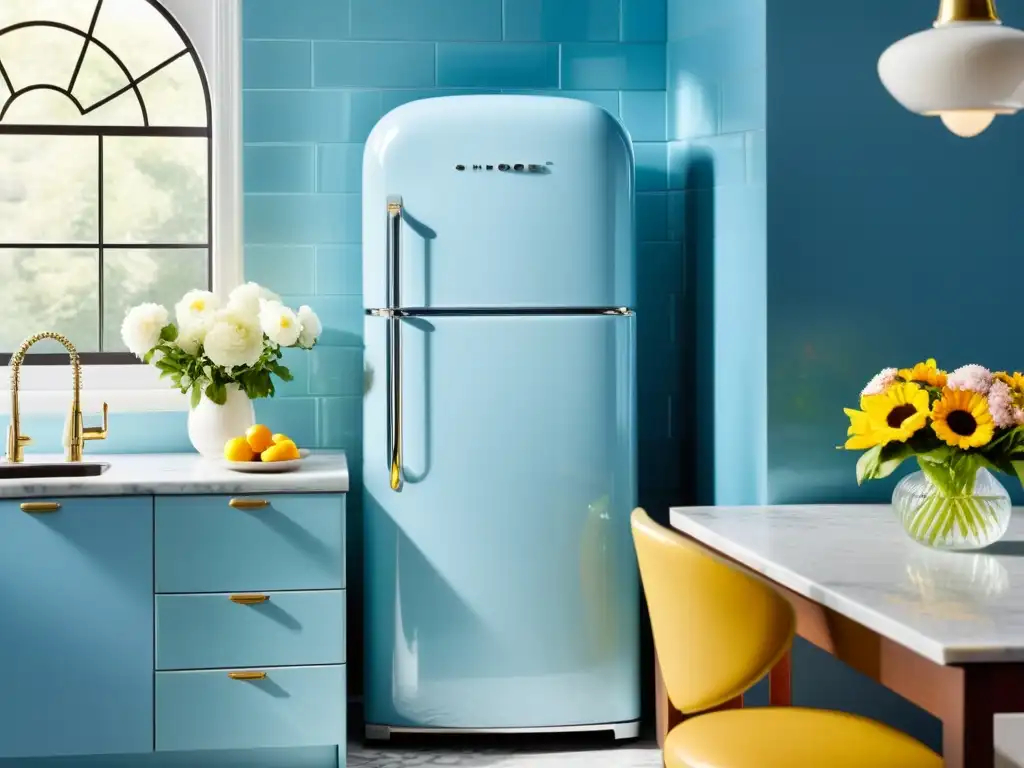 Un refrigerador vintage en azul pastel con detalles cromados, en una cocina luminosa con encanto retro