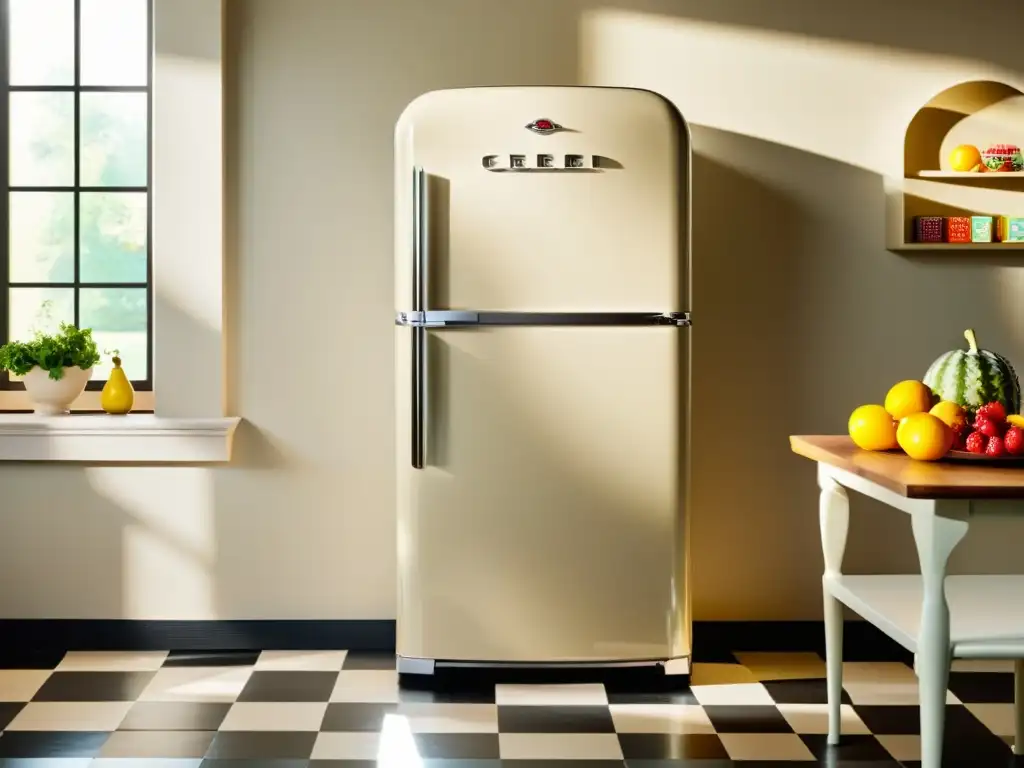 Un refrigerador vintage crema con detalles cromados en una cocina soleada, con un toque retro y contemporáneo