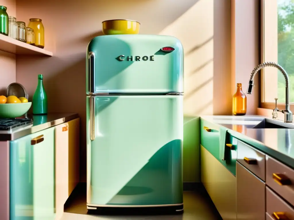 Un refrigerador vintage de cromo pulido en una cocina soleada, con imanes pastel y botellas de leche vintage