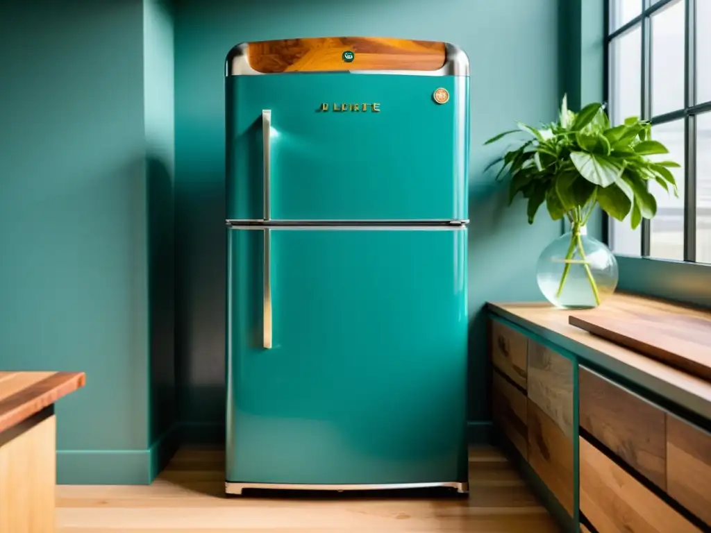 Un refrigerador vintage restaurado con un acabado moderno en una cocina ecológica y elegante