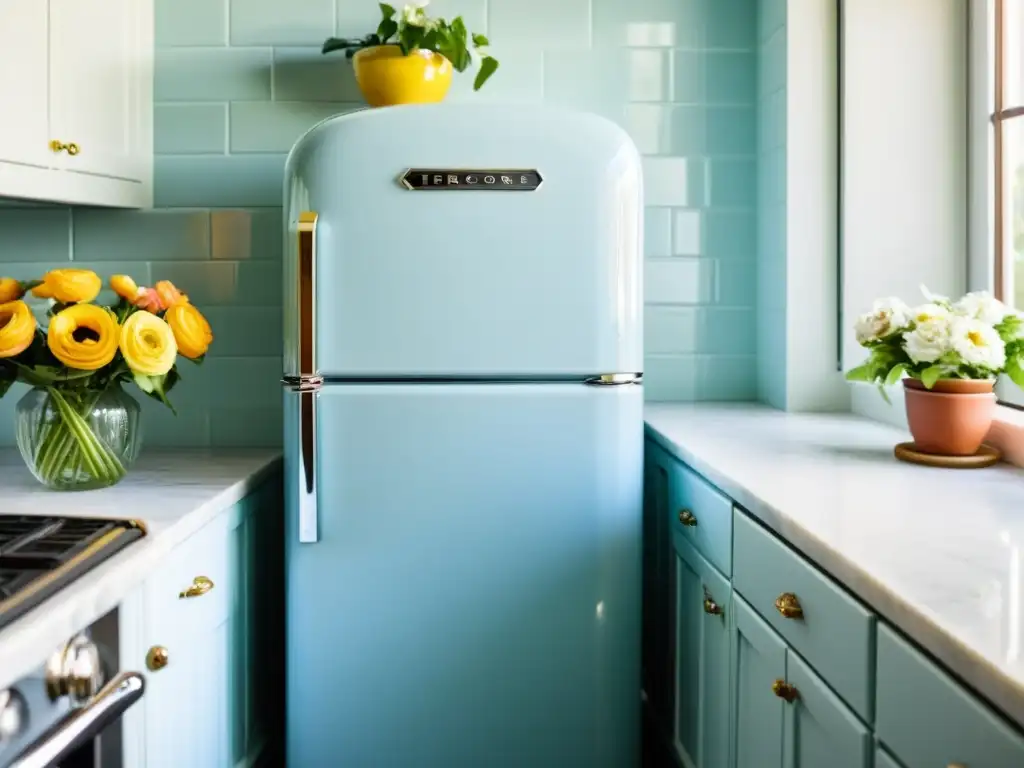 Refrigerador vintage restaurado en azul pastel, con detalles cromados brillantes en una cocina soleada