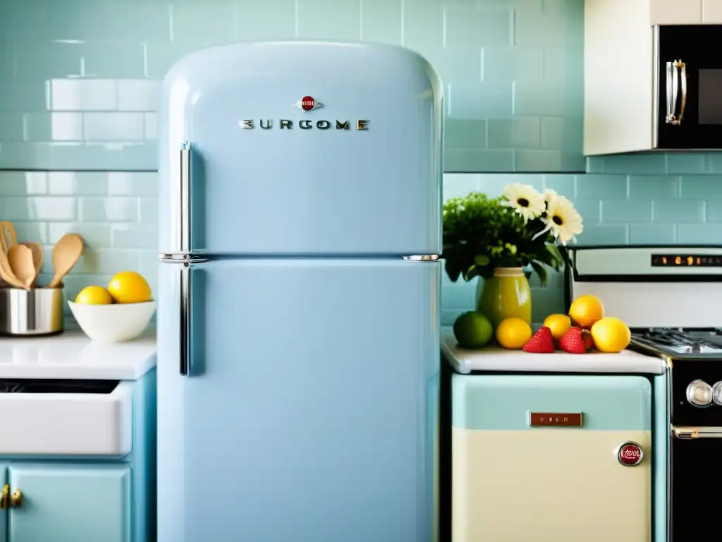 Un refrigerador vintage restaurado en azul pastel destaca en una cocina soleada