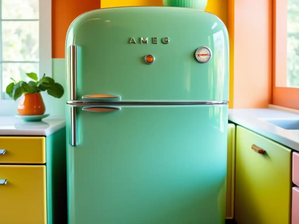 Refrigerador vintage restaurado en una cocina soleada y con encanto retro, evocando las ventajas de los electrodomésticos vintage