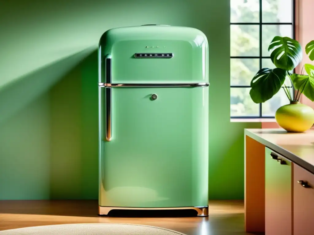 Un refrigerador vintage restaurado en una cocina elegante, evocando nostalgia y modernidad