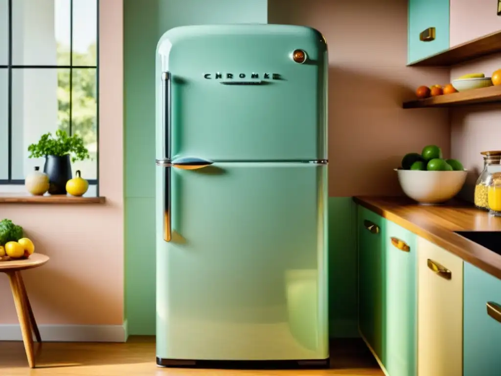 Un refrigerador vintage restaurado con detalles retro, colores pastel y un exterior pulido, destacando su valor en un entorno contemporáneo