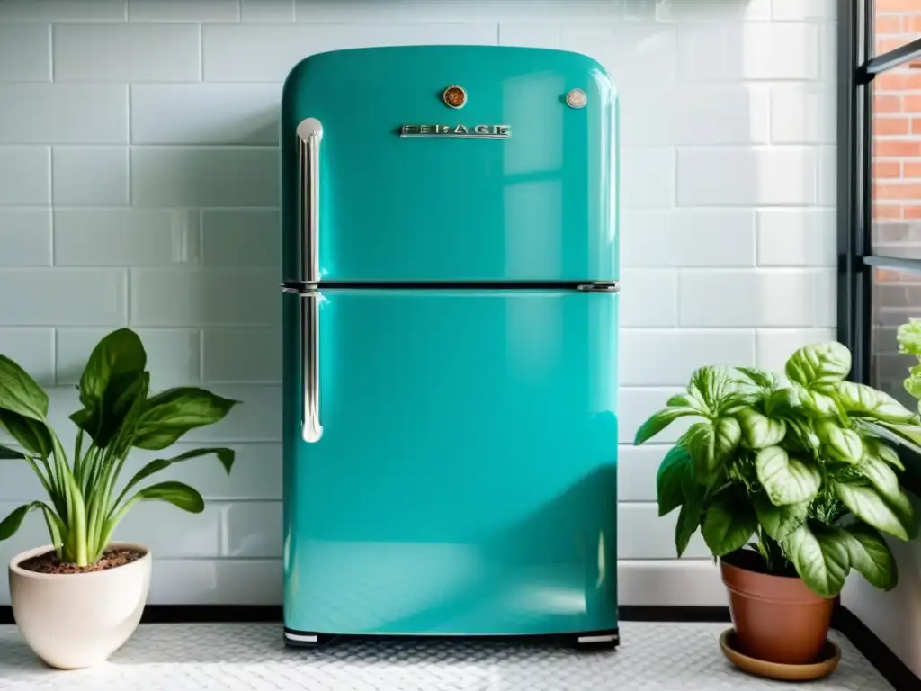 Un refrigerador vintage restaurado con diseño moderno en color verde vibrante y detalles cromados en una luminosa cocina