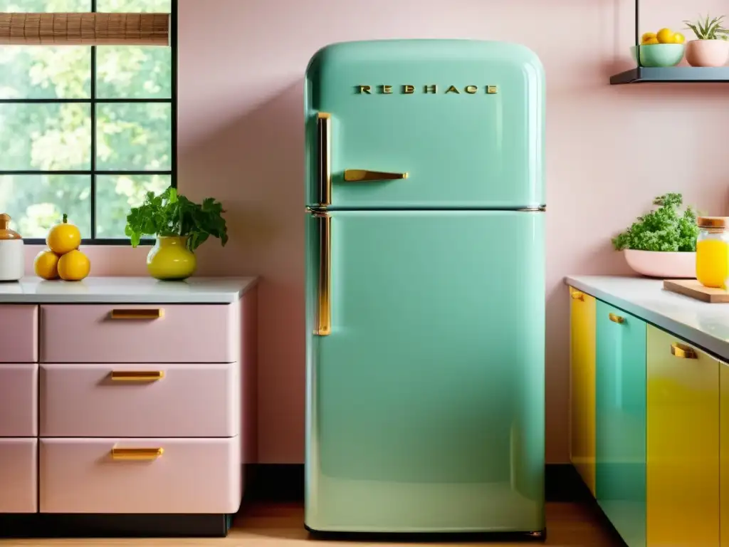 Un refrigerador vintage restaurado, integrado en una cocina moderna con diseño sostenible