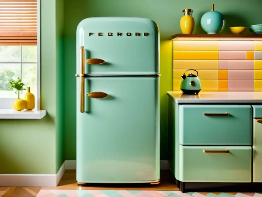 Un refrigerador vintage restaurado en tono pastel destaca en una cocina retro con muebles de mediados de siglo y azulejos geométricos coloridos