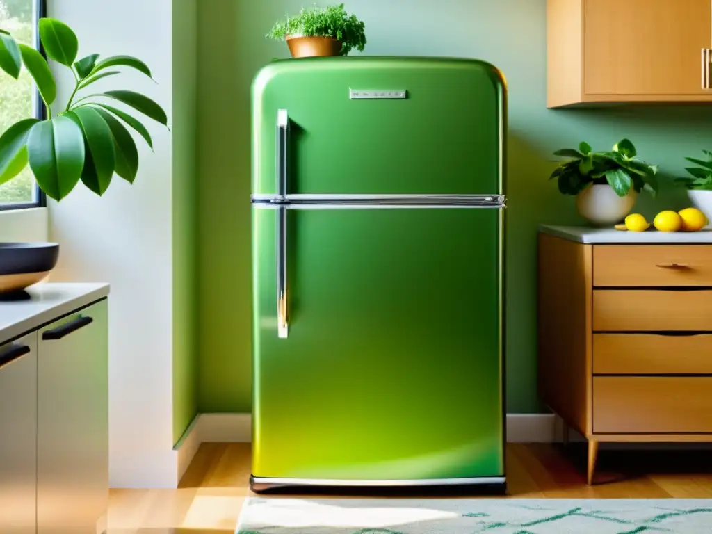 Un refrigerador vintage restaurado con un toque moderno, rodeado de plantas y utensilios de cocina artesanales en una cocina luminosa