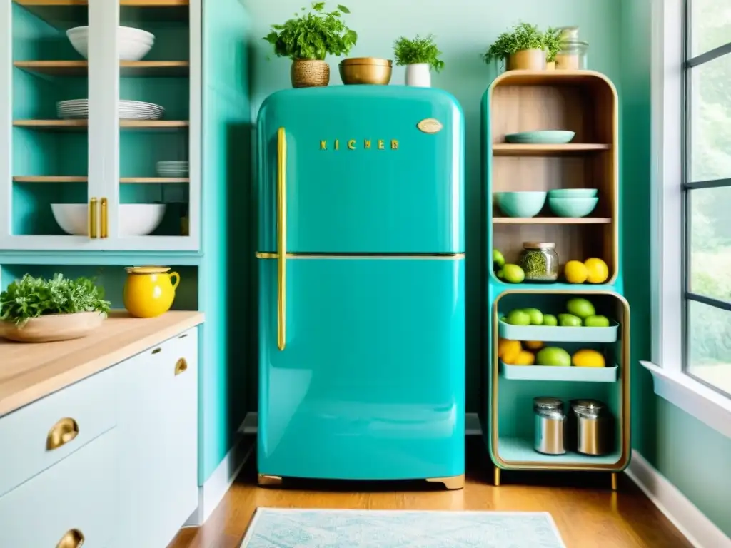 Un refrigerador vintage reutilizado como despensa en una cocina moderna, mostrando la integración de lo antiguo en el hogar contemporáneo