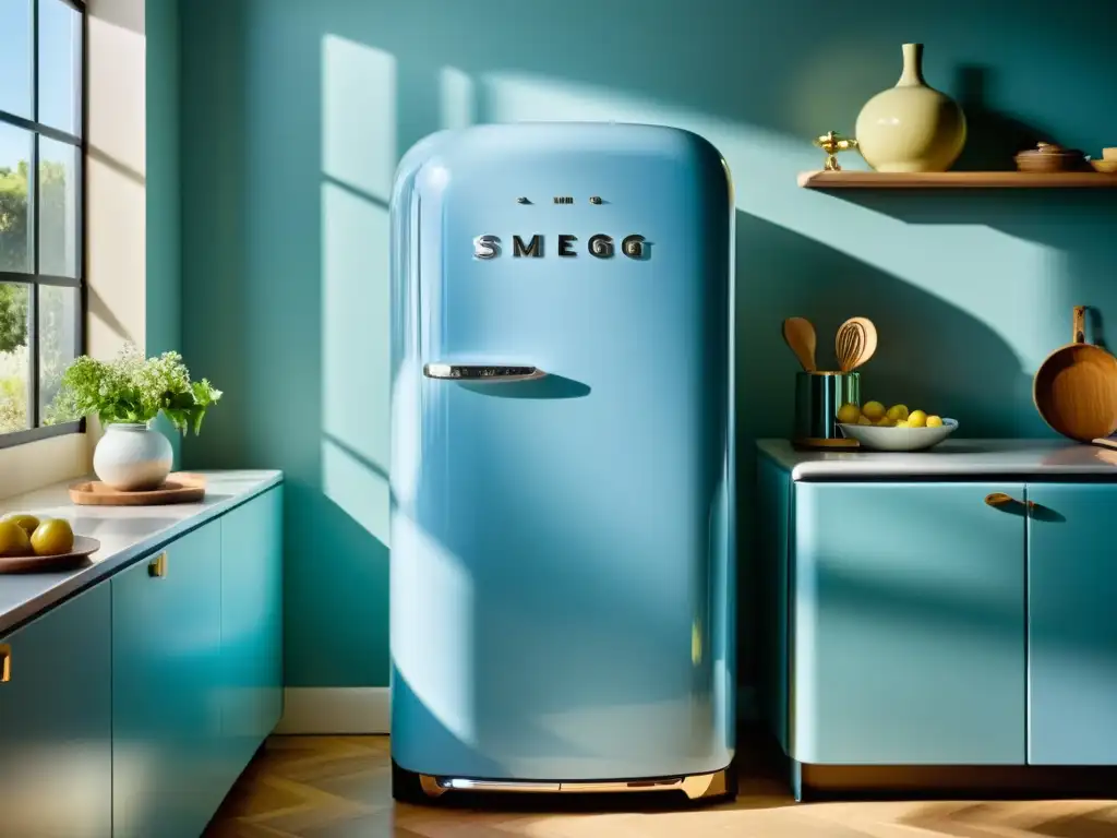 Un refrigerador vintage en tono azul pastel se roba el protagonismo en una cocina moderna y chic