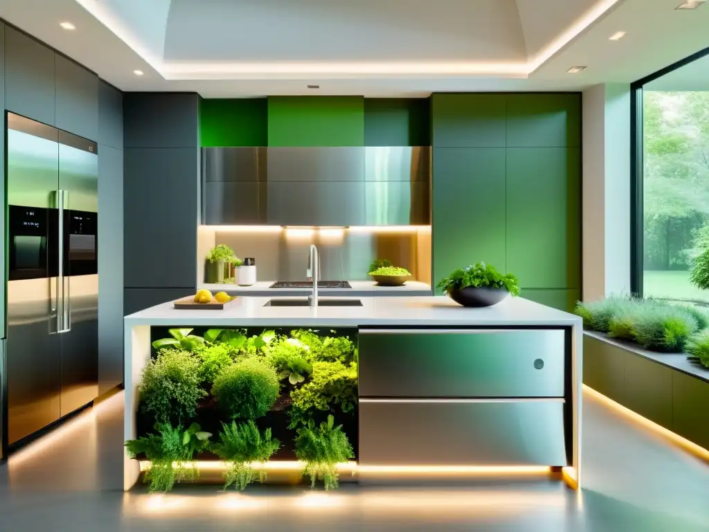 Rentabilidad electrodomésticos inteligentes en cocina moderna, con iluminación ambiental y jardín de hierbas frescas