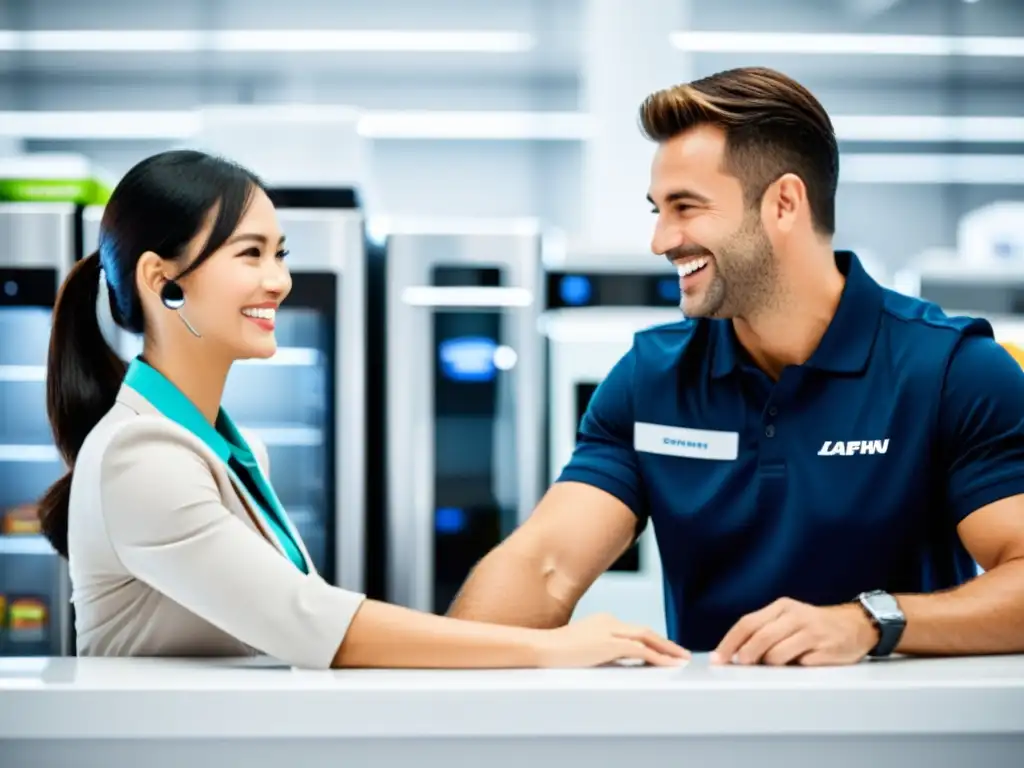 Una representante de servicio al cliente sonriente ayuda a un cliente feliz con electrodomésticos, transmitiendo confianza y satisfacción