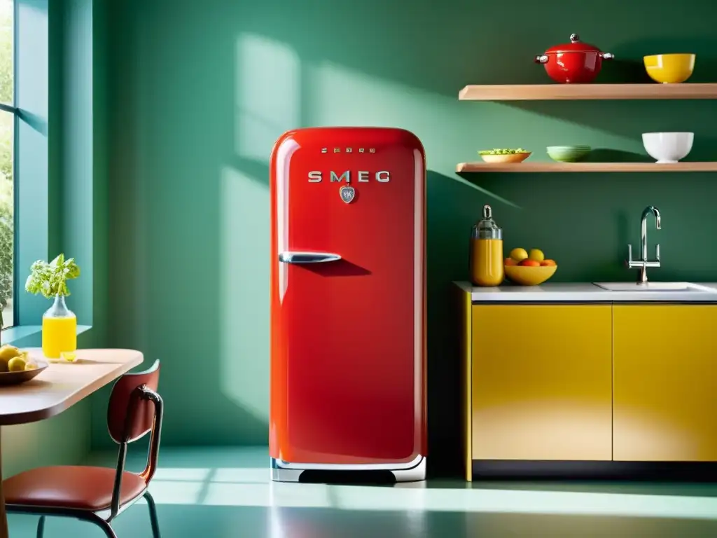 Una reseña de la nevera SMEG diseño retro en un elegante ambiente de cocina con estilo y luz natural