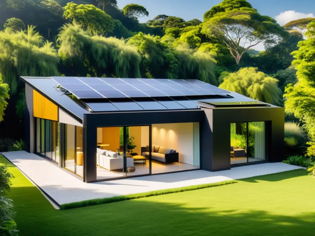 Residencia moderna con paneles solares integrados, rodeada de exuberante vegetación y bañada en cálida luz solar